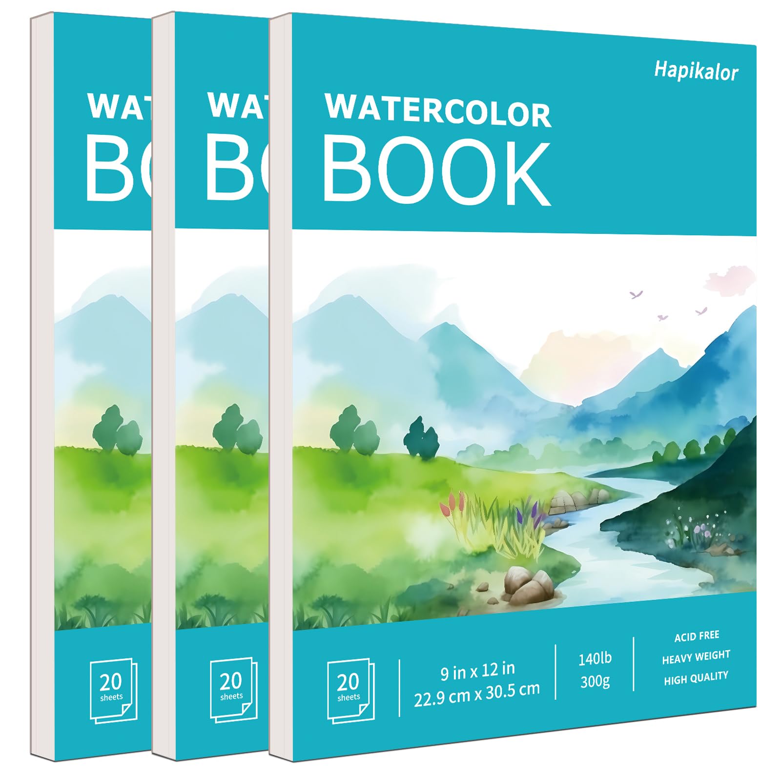 Hapikalor 3-Pack 9"x12" Watercolor Paper, 140lb/300g Water Color Paper Teal