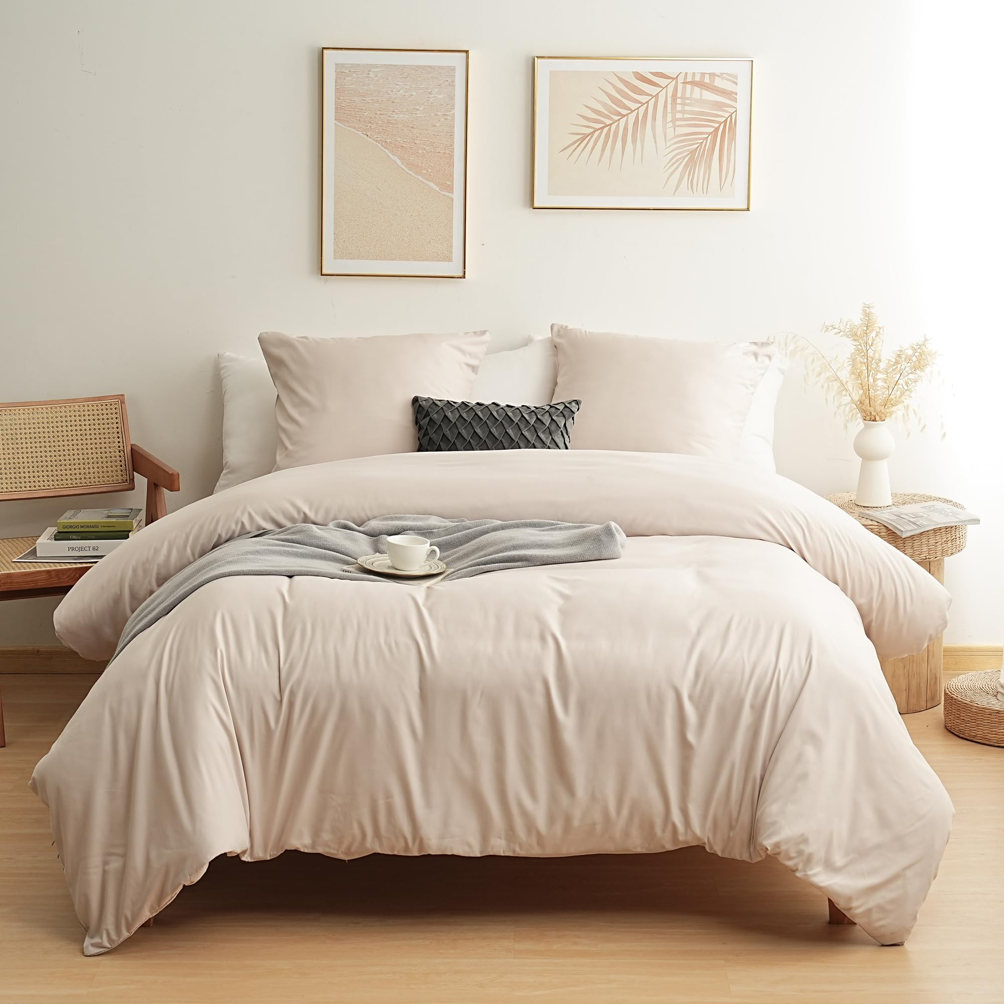 MOHAP Parure de Lit 4 Pièces Housse de Couette 220x240cm + Drap Housse 140x190/200cm avec 2 taies d'oreillers 65x65cm Beige pour 2 Personnes Parure 120 Fils/cm² en Microfibre