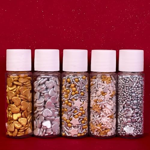 Miniatura 2 de Confect Gránulos navideños  Gránulos navideños para hornear y pasteles decorativos  Oro y plata Paquete de 5 chispas de corazón, copos de nieve