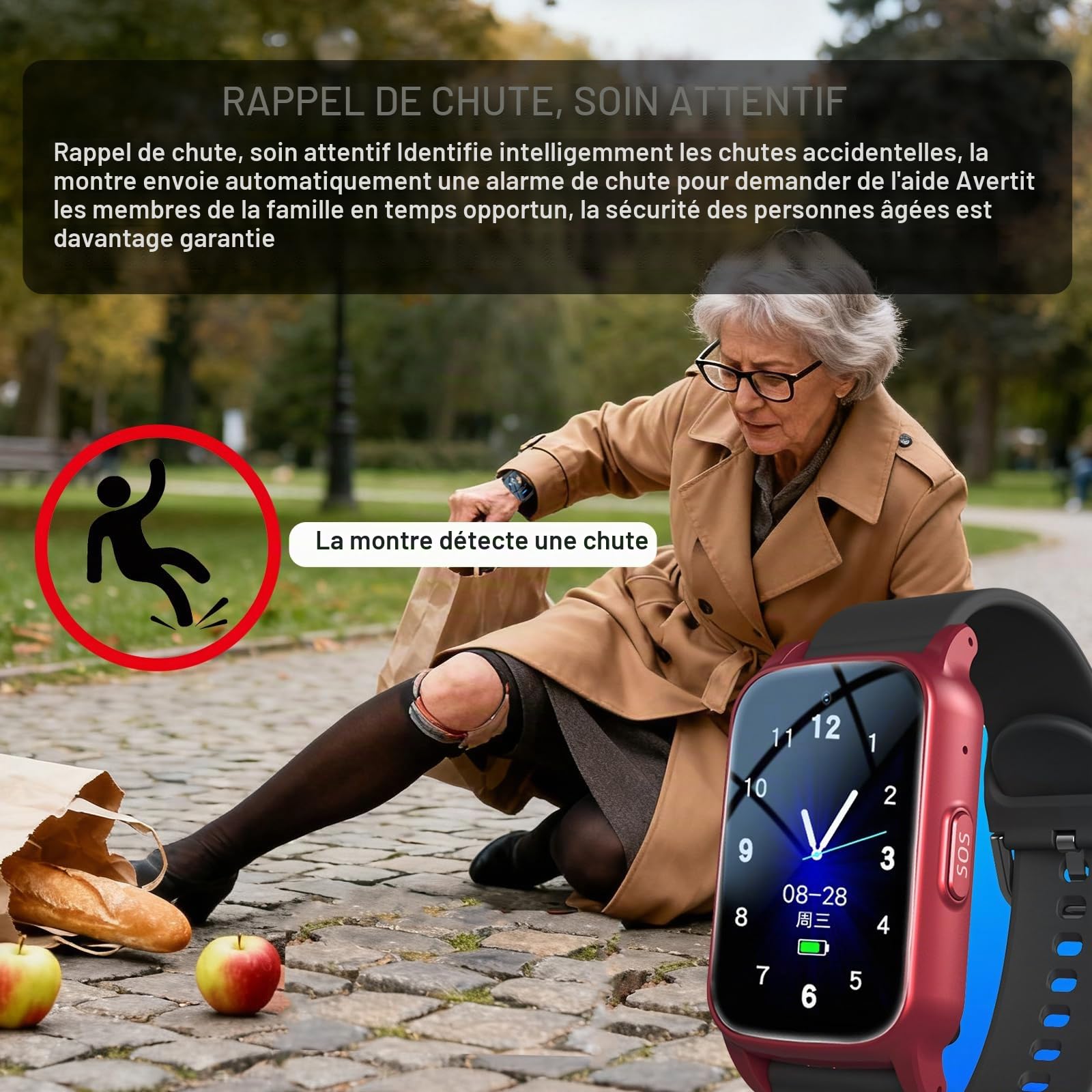 Bracelet Alarme Personne Agee, Montre d'urgence Senior avec Détecteur De Chute, Bracelet SOS Et Alarme De Chute, Tracker GPS SeniorBlack,1.25 * 0.57 * 2.22inch