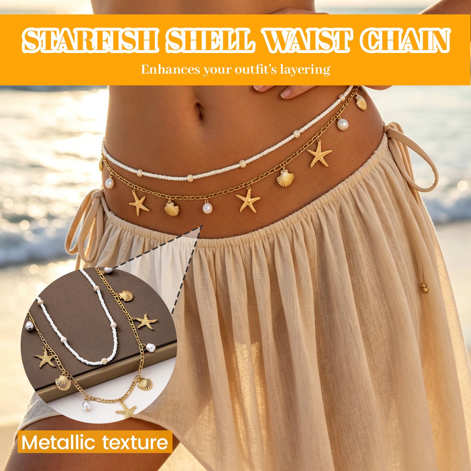2 pezzi Catenina in vita dorata a forma di stella marina per donne, catenine regolabili, conchiglie boho, catena per il corpo da bikini per spiaggia, festival estivo