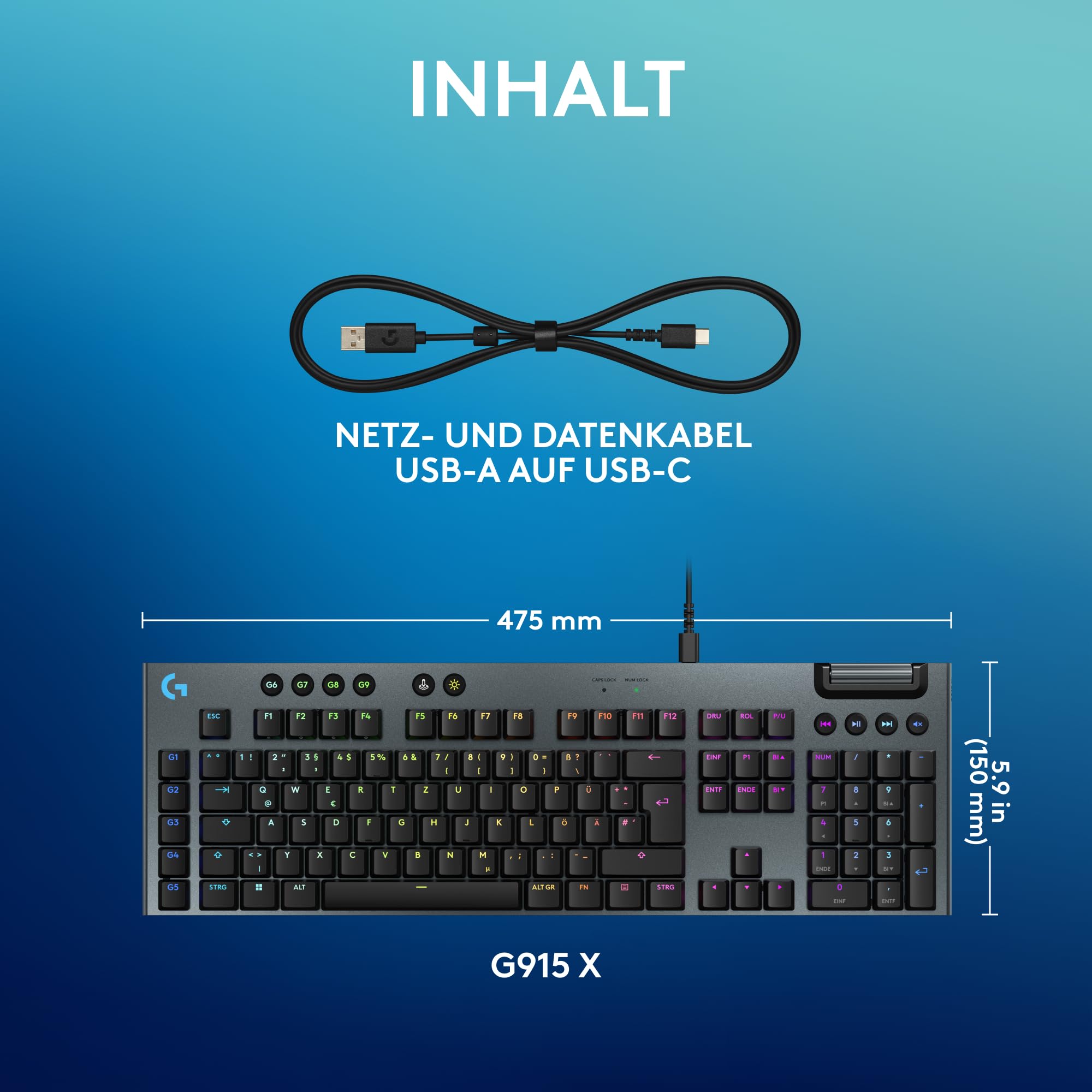 Logitech G G915 X - Kabelgebundene, Gaming-Tastatur mit Double-Shot-PBT-Tastenkappen, voll programmierbaren Tasten, braune taktile GL-Switches für PC/Mac, DEU QWERTZ-Layout - Schwarz