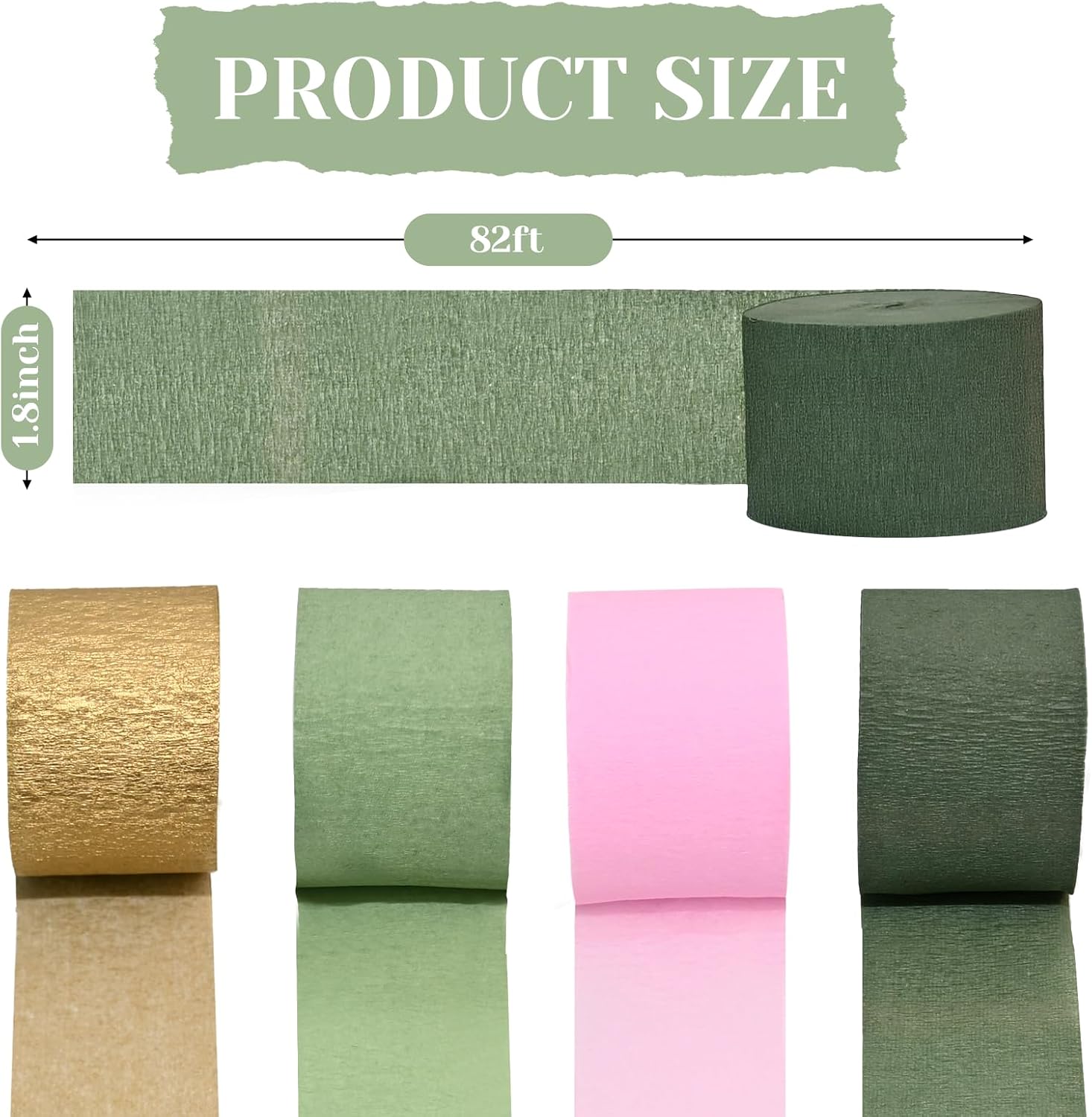 8 Rolls Moss Sage Green and Pink Crepe Paper Streamers for Wedding, Bridal Shower, Engagement Party Decorations - 82 Ft Long Boho Party Supplies