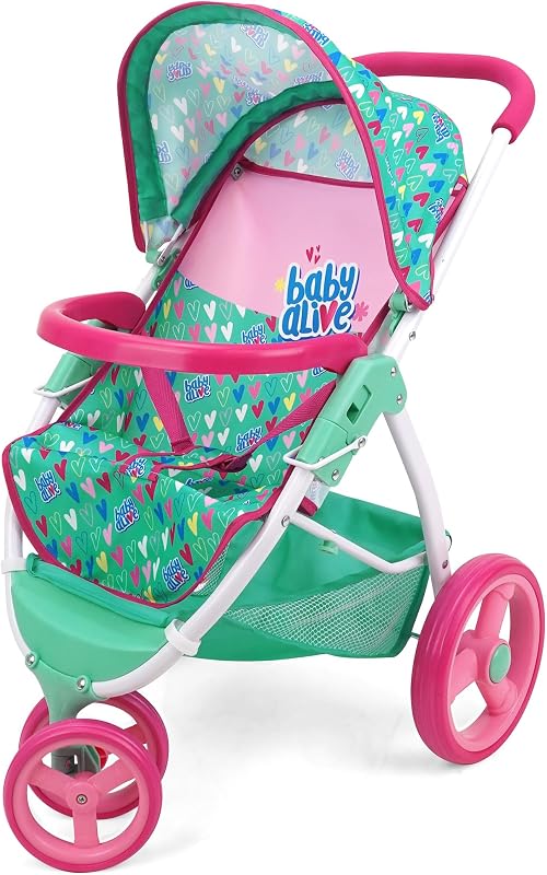 Baby Alive: Doll Jogging Stroller - Green, Pink, Hearts - Accessory for Dolls Up to 24", Foldable Design, Retractable Canopy, Storage, Kids Toy Age 3+