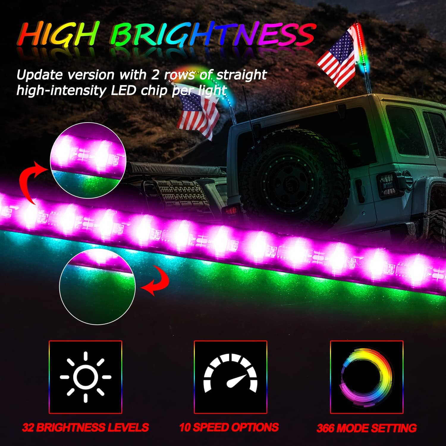 Niwaker 2Pcs 2ft Smoked Black LED Whip Lights with 8 Pods RGB Rock Light Kits