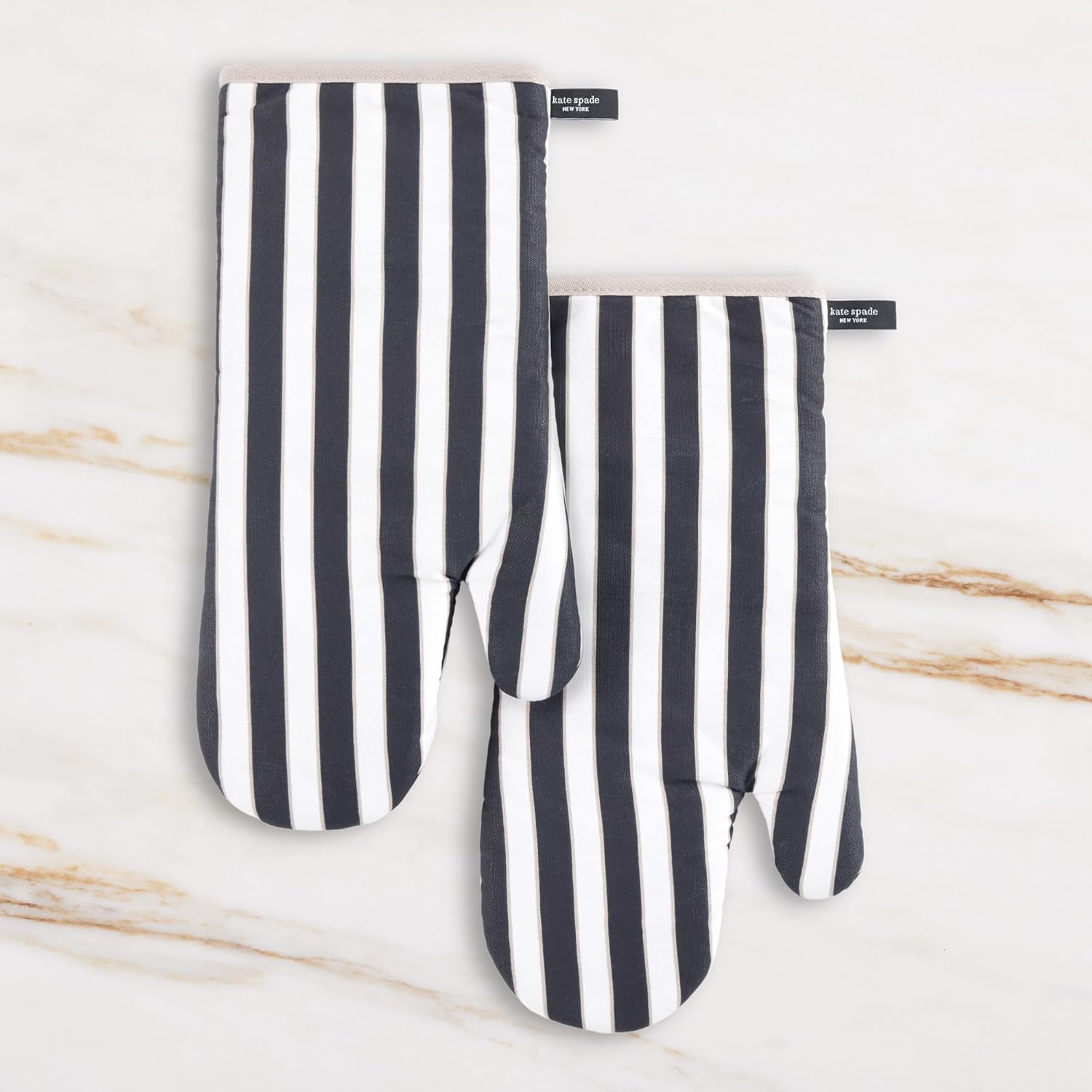 Kate Spade New York Botanical Stripe Oven Mitt 2-Pack Set, 7" x 13", Black/Beige - Image 2