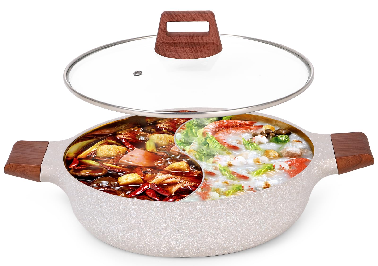3.8-QT Double-flavor Hot Pot with Divider, Dual-Sided 11Inch Shabu Shabu Pot, Non-Stick Multi-Functional Hotpot Pot with Cover for Electric Induction, Gas Stove, White