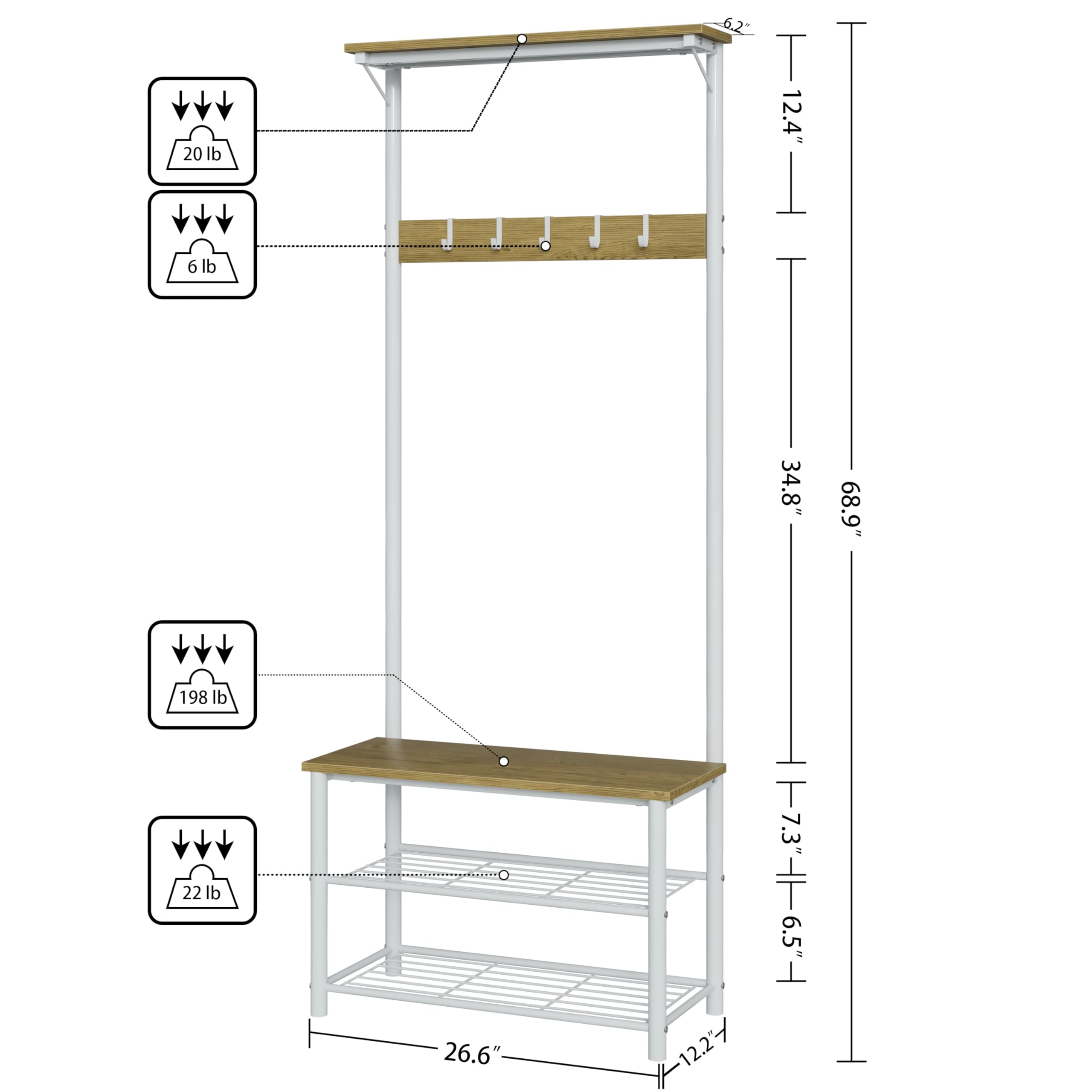 HEYZOEY Perchero de madera con asiento y zapatero, estante de 3 niveles y 4 ganchos extraíbles, blanco (parte superior)