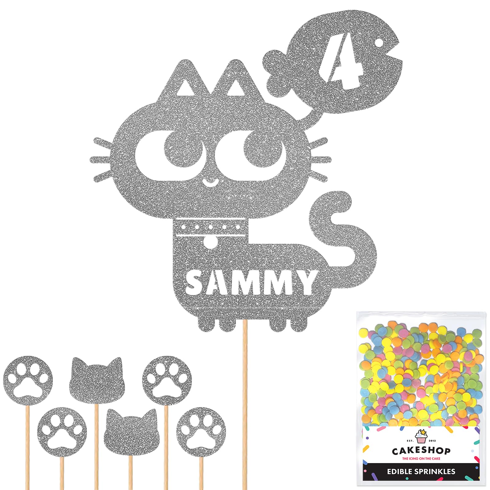 Personalised Birthday Cat Kitten Glitter Cake Topper- Dark Silver Any Name & Age Glitter Cake Decoration and Sprinkles - Happy Birthday Decorations - Personalised Toppers for Cakes by Cakeshop