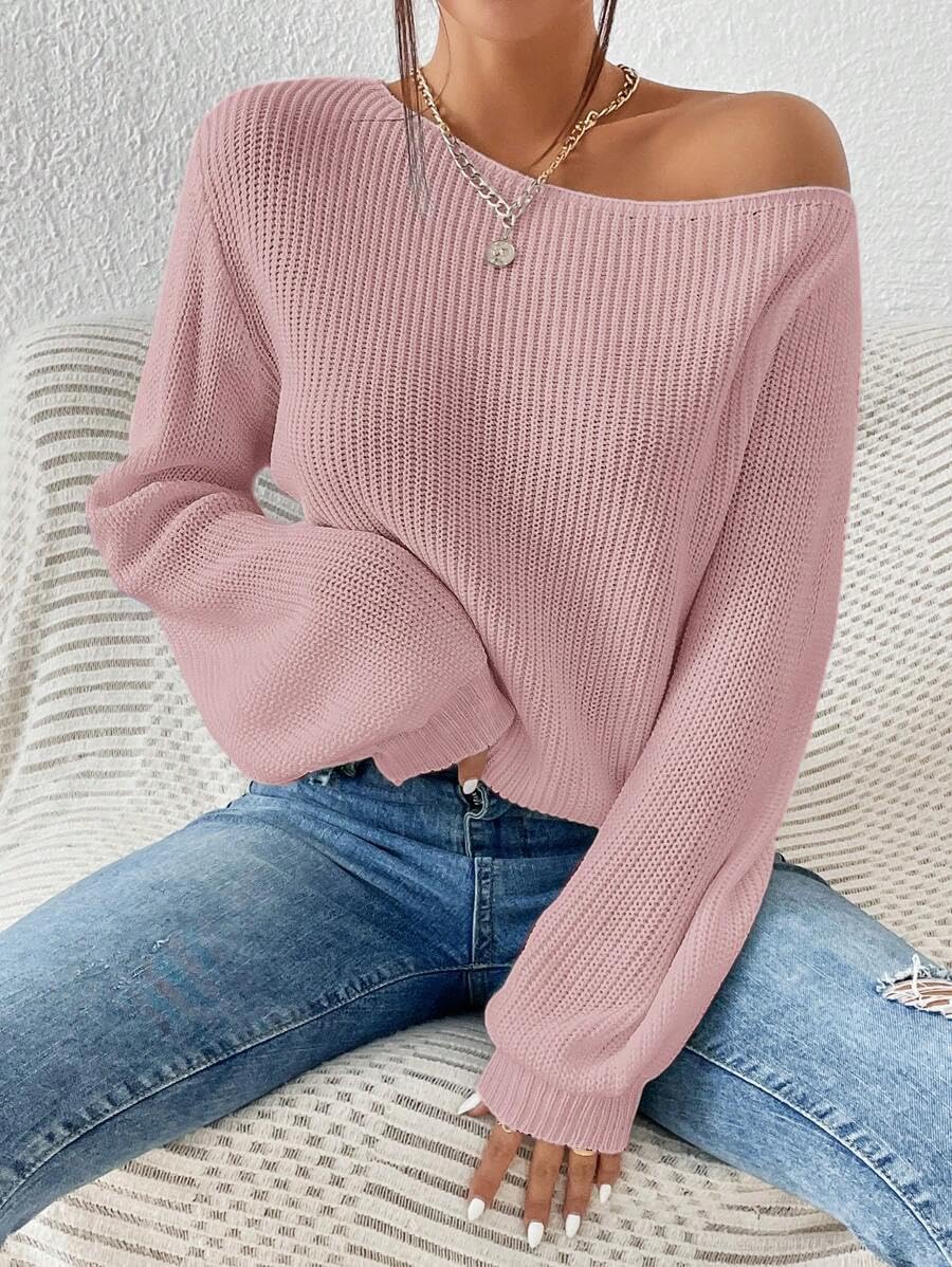 SKAYS Womens Off The Shoulder Sweater Asymmetrical Neck Fall Ribbed Knit Long Sleeve Pullover Sweaters Lightweight Top - Image 6