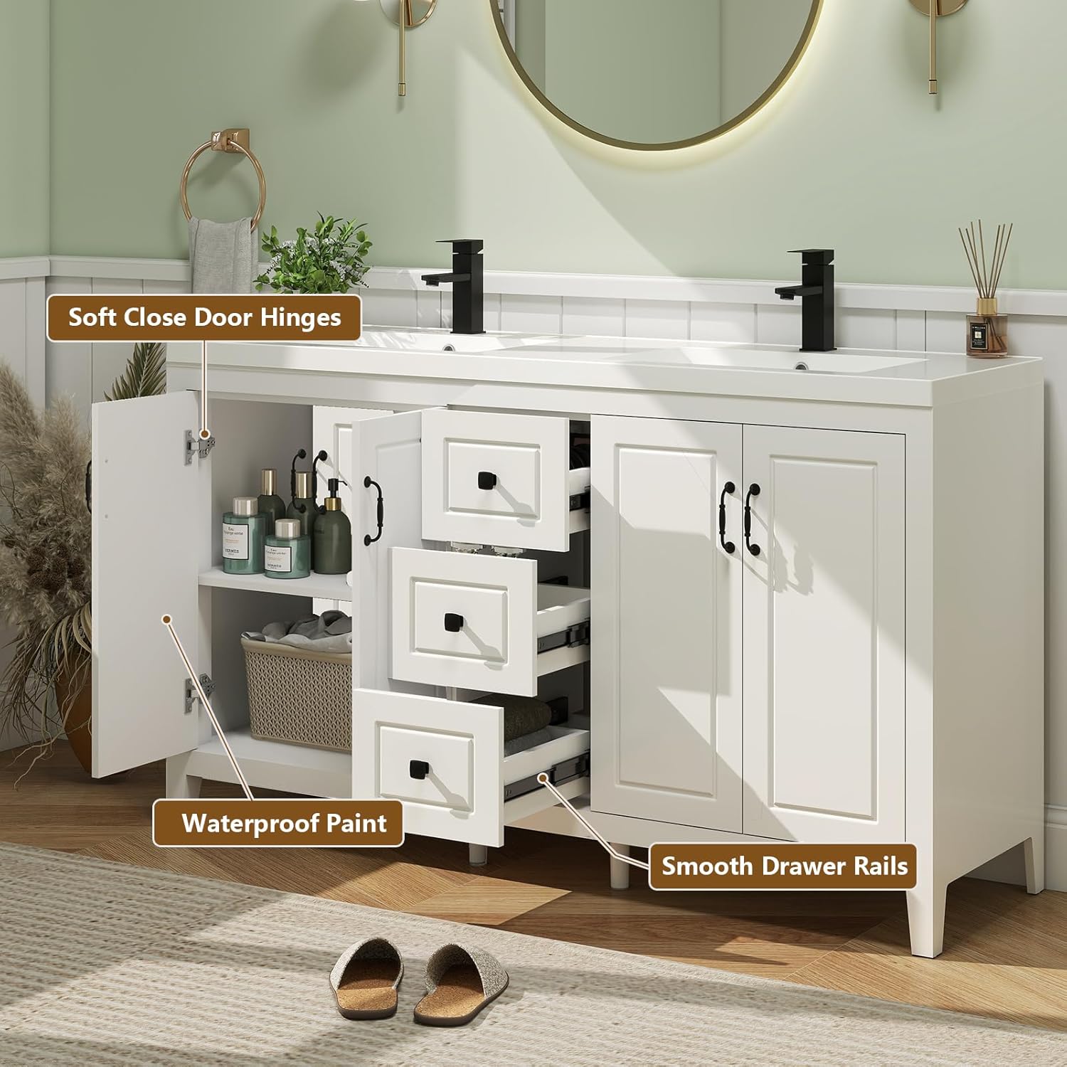 YOURLITE 60” Bathroom Vanity with Sink, Painted Surface Freestanding Vanity Cabinet with 4 Soft-Close Doors, 3 Drawers,Matte Black Faucet Drain,Modern Bathroom Furniture