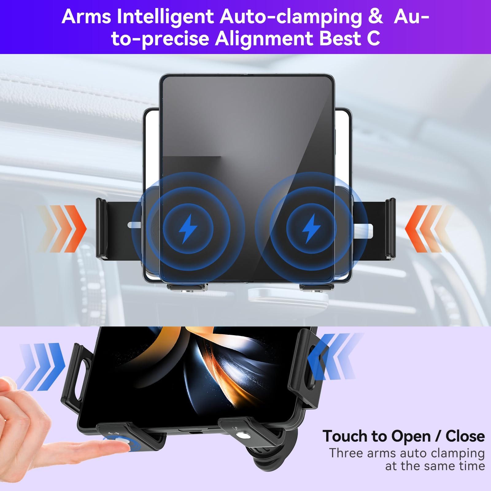 Supporto per auto con caricabatteria wireless rapido QC 3.0 a doppia bobina da 15 W Olycism con funzione di ricarica per Z Fold/Flip 7/6/5/4/3, supporto per auto rotante automatico