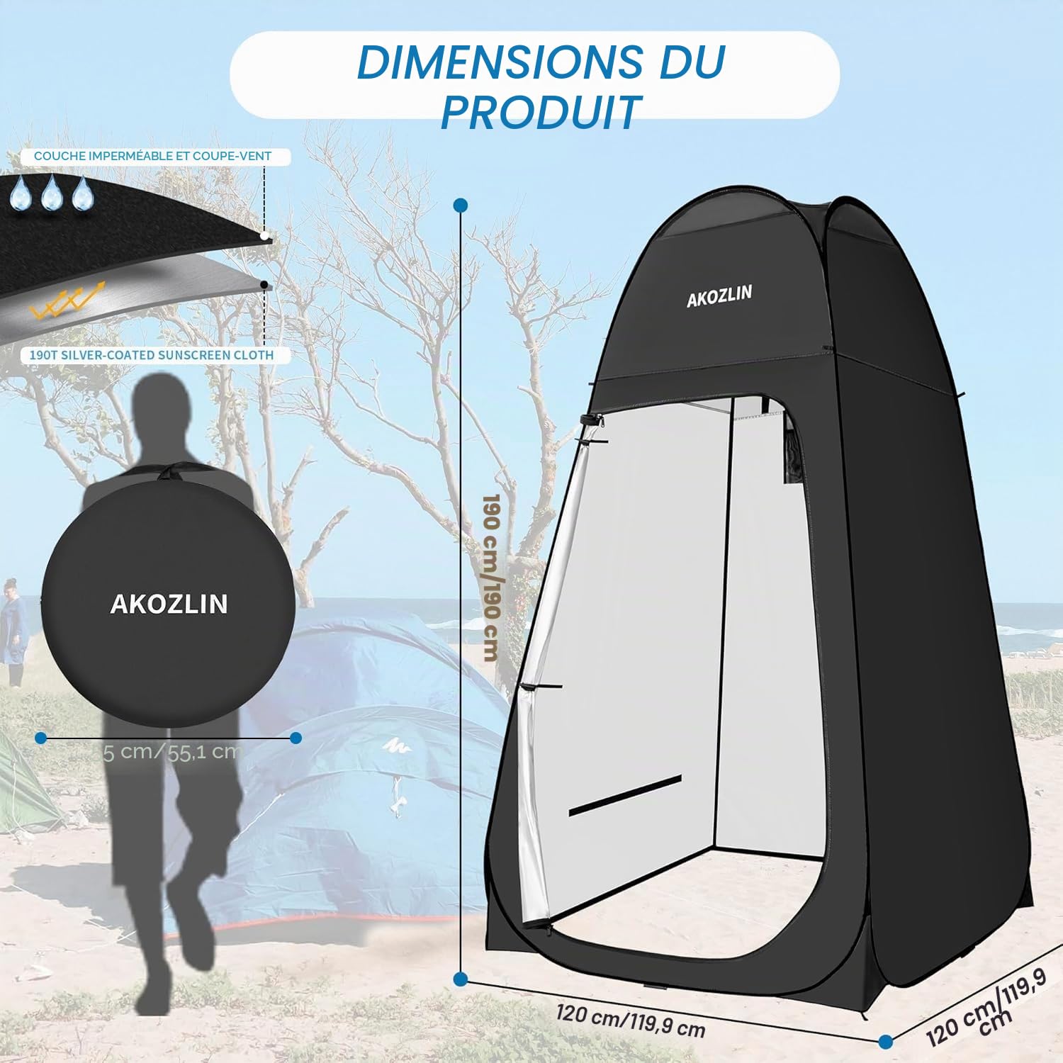 Tente de Douche Portable Pop Up, Tente de Camping, vestiaire, Noir, avec Sac de Transport,vestiaire d'intimité, Toilettes, vestiaire, activités de Plein air, Plage, Road Trip, Camping