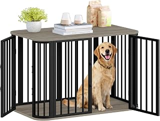 Hzuaneri 39.4" Large Dog Crate Furniture - Modern Greige Black End Table Kennel, Anti-Chew Anti-Escape for Medium/Large Dogs DFC88705B