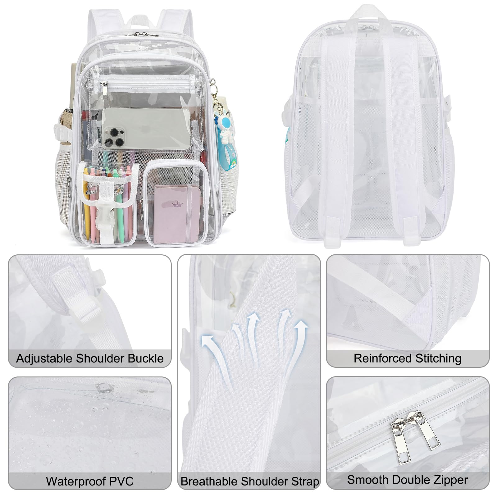 Transparenter Rucksack, strapazierfähig, transparent, Stadiongenehmigt, für Schule, Arbeit, Sport, Reisen