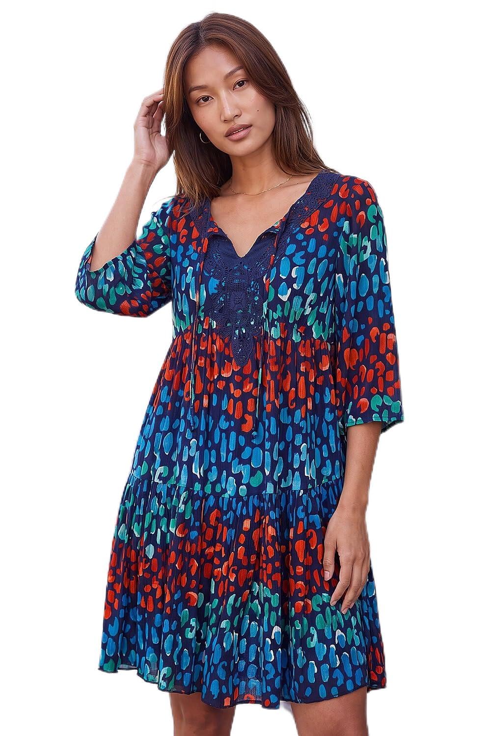 Roman Women's Navy Abstract Spot Print Lace Trim Dress Size 16