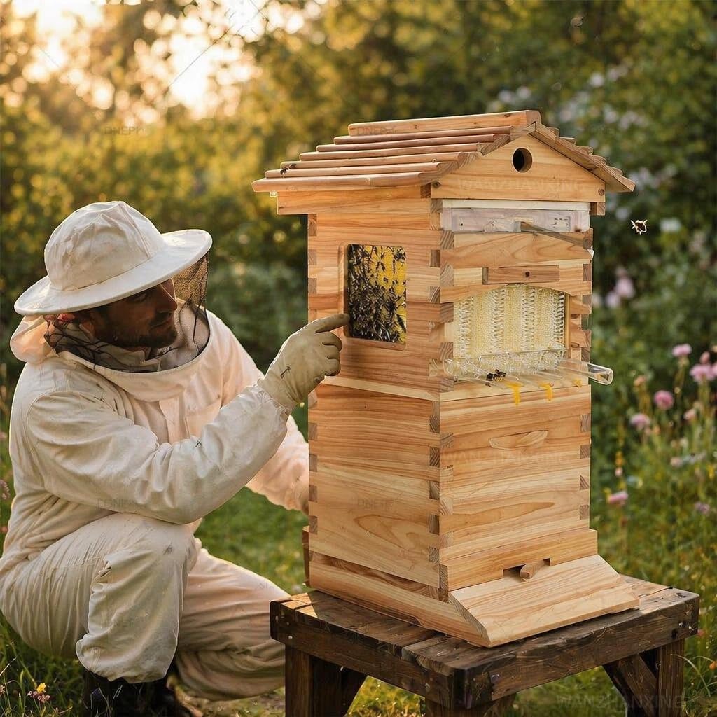 Kit Completo per Apicoltura – Arnia a Flusso Automatico in Legno con Finestra di Osservazione, Beccuccio per Miele, 7 Telaini e Vassoi Favi – Ideale per Principianti e Professionisti