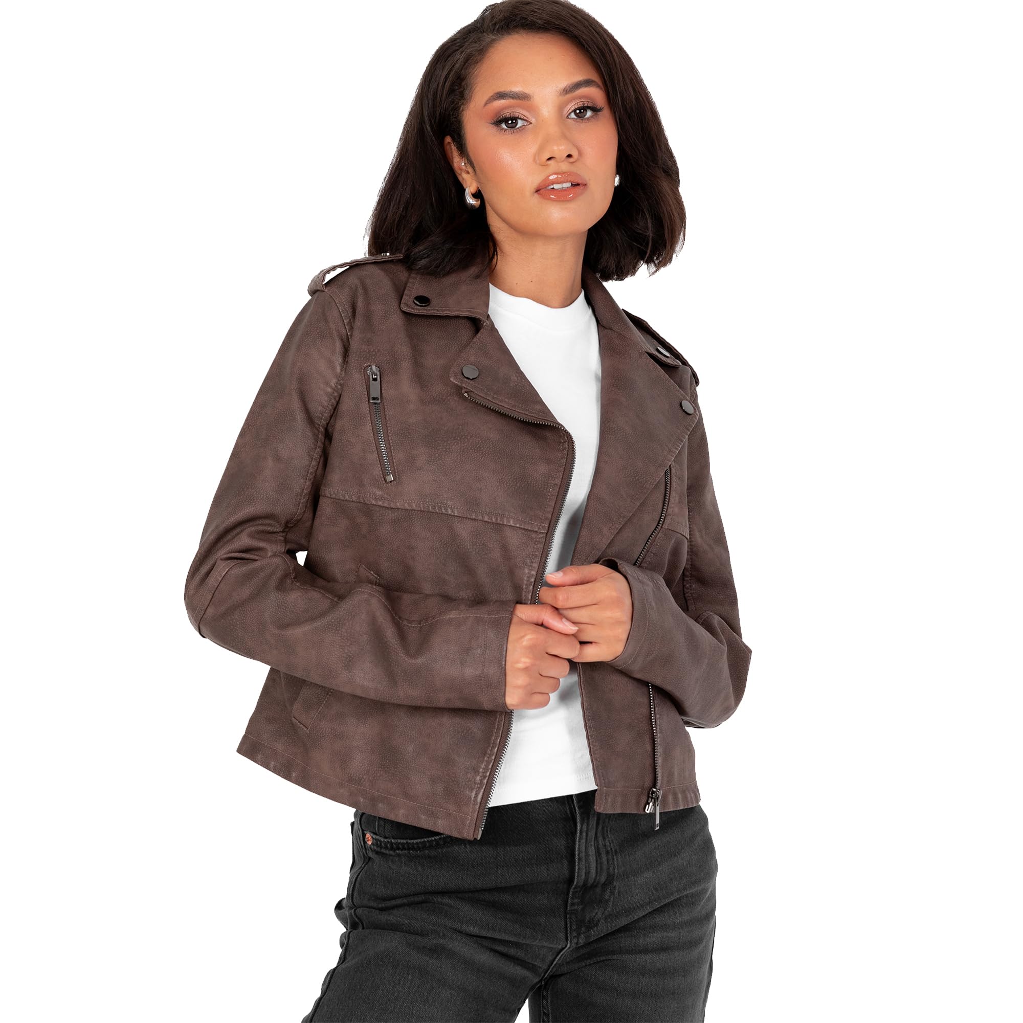 Lovedrobe Women's Biker Jacket Ladies Soft Faux Leather PU Studded Collar Distressed Long Sleeve Zip Pockets Casual Coat, Brown 16