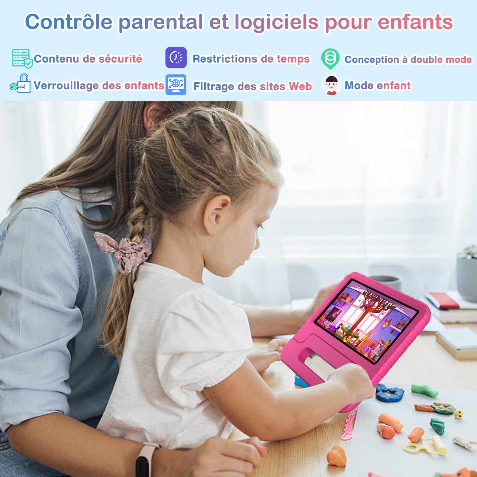 Tablette pour 7 Pouces Android Tablette Enfants avec 10GB+64GB(TF 1TB),Kids Tablette Tactile Octa-Core,Éducative Apps Pré-Installé,Contrôle Parental, WiFi 6, BT5.0,Cas EVA - Pink