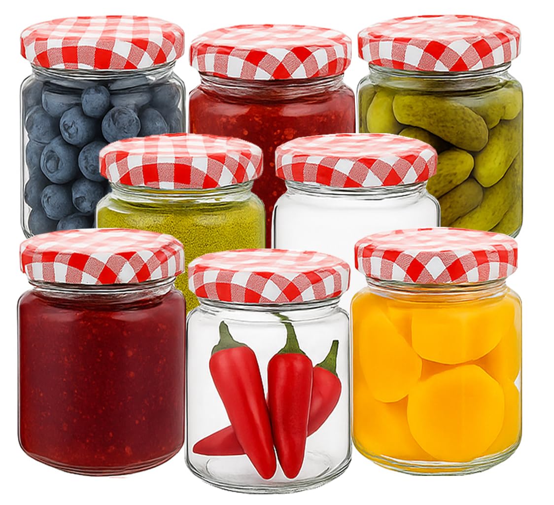 Offer Shop Round Glass Jam Jars with Red Gingham Lids & Adhesive Labels | 190ml / 7oz Glass Jars with Air Tight Twist Lids Reusable Canning Storage Jar for Preserves, Jelly and Herbs - 8 Set
