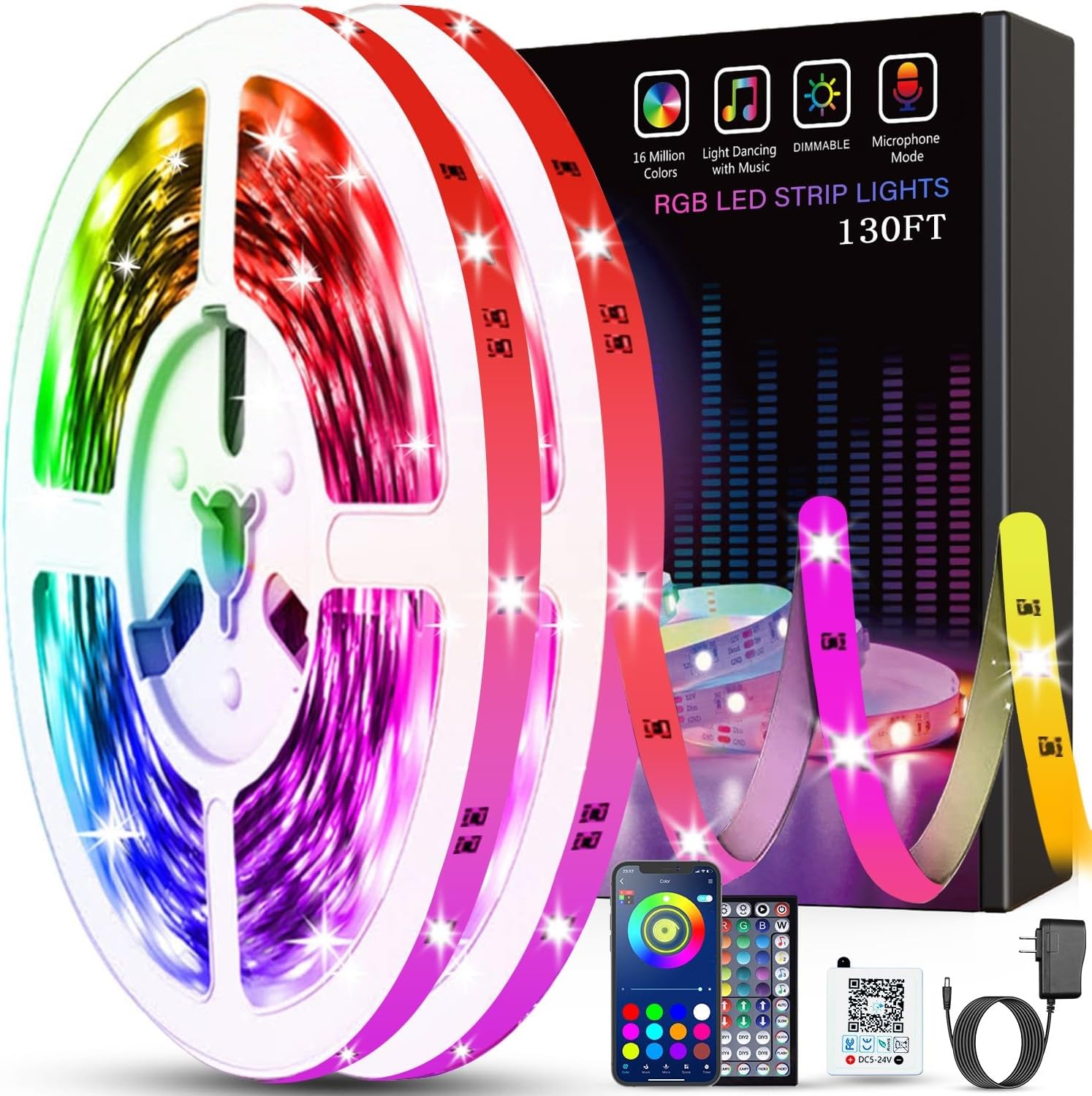 130ft Led Lights for Bedroom, LED Strip Lights with Remote and App Control Music Sync Color Changing RGB LED Strip, LED Lights for Room Home Party Decoration (2 Rolls of 65ft)