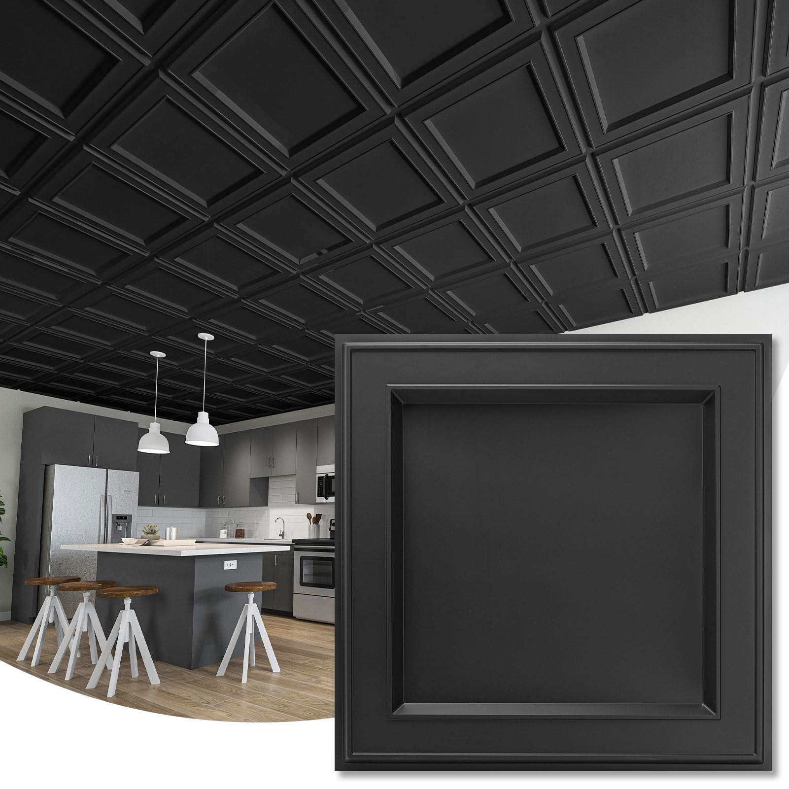 WOWSTAR 12-Pack 24"x24" Drop Ceiling Tiles, Waterproof Glue up Ceiling Panels, Vintage Style 3D Wall Panels, Black