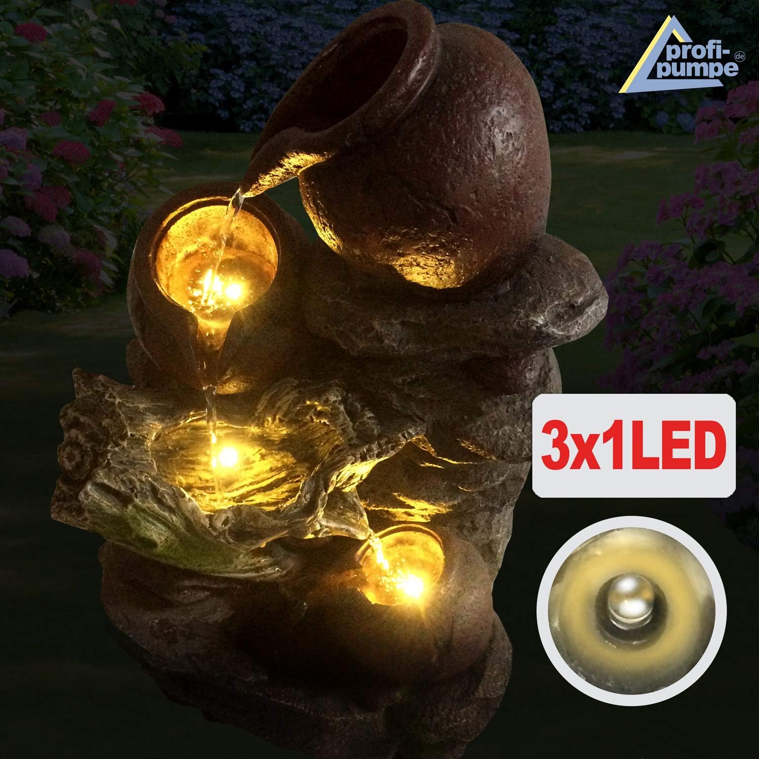 Gartenbrunnen Brunnen Zierbrunnen Zimmerbrunnen Springbrunnen Brunnen Wasserfall Wasserspiel für Garten (STEINKRUG mit LED-Licht - 230V)