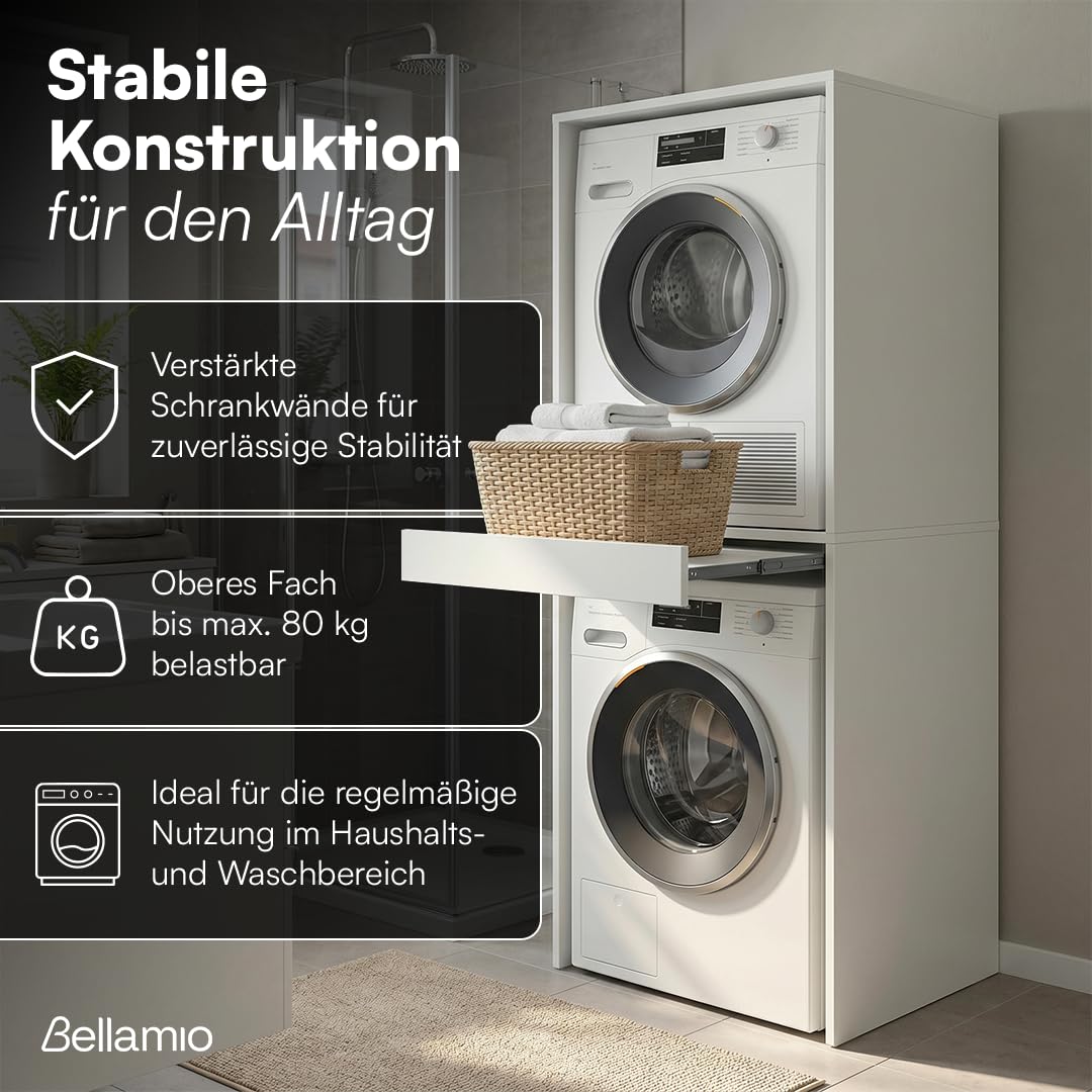 Bellamio Vist Waschmaschine Trockner Schrank – Waschmaschinenschrank mit ausziehbarer Ablagefläche – Waschturm Hochschrank 187x65x66cm mit Wandanschluss – Schrank kompatibel mit Standardgeräten – Weiß