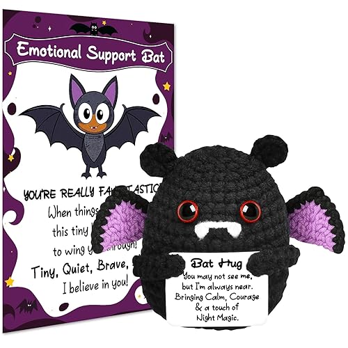Pipihome Funny Positive Bat Gifts, Halloween Boo Basket Gifts for Women Men, Emotional Support Gift Positive Crochet Bat with Card, Cute Stuff, Good Luck Dolls, Halloween Decorations - Positive Bat
