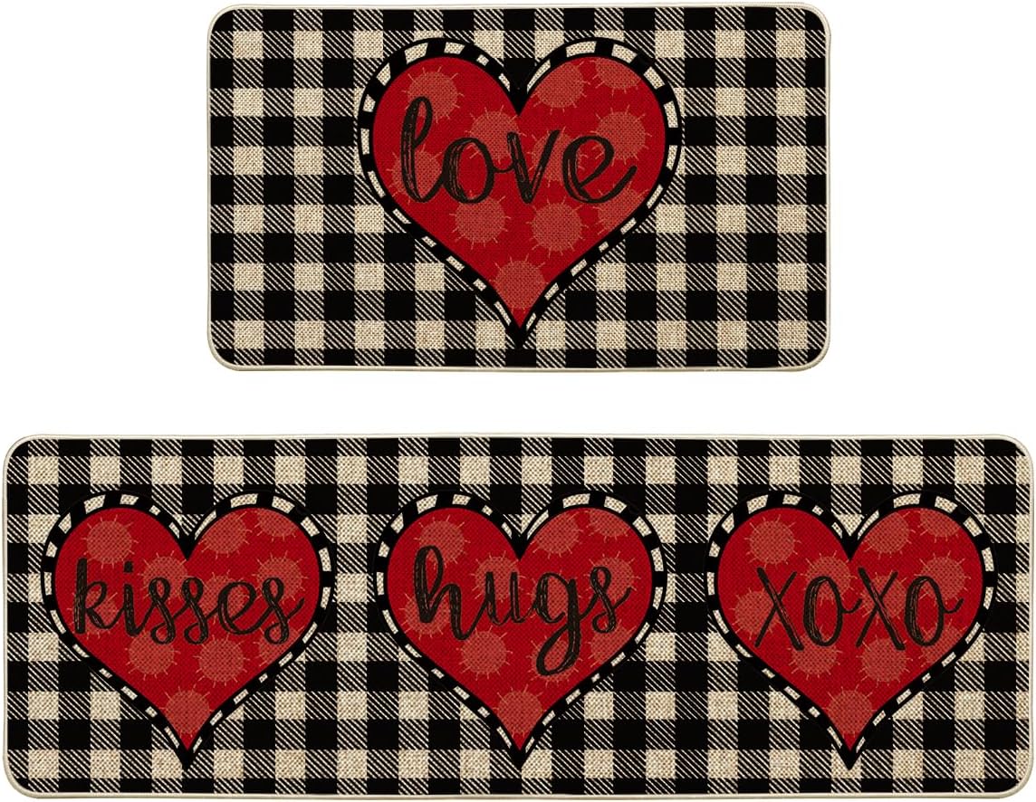 Artoid Mode Buffalo Plaid Love Kisses Hugs Valentine's Day Kitchen Mats