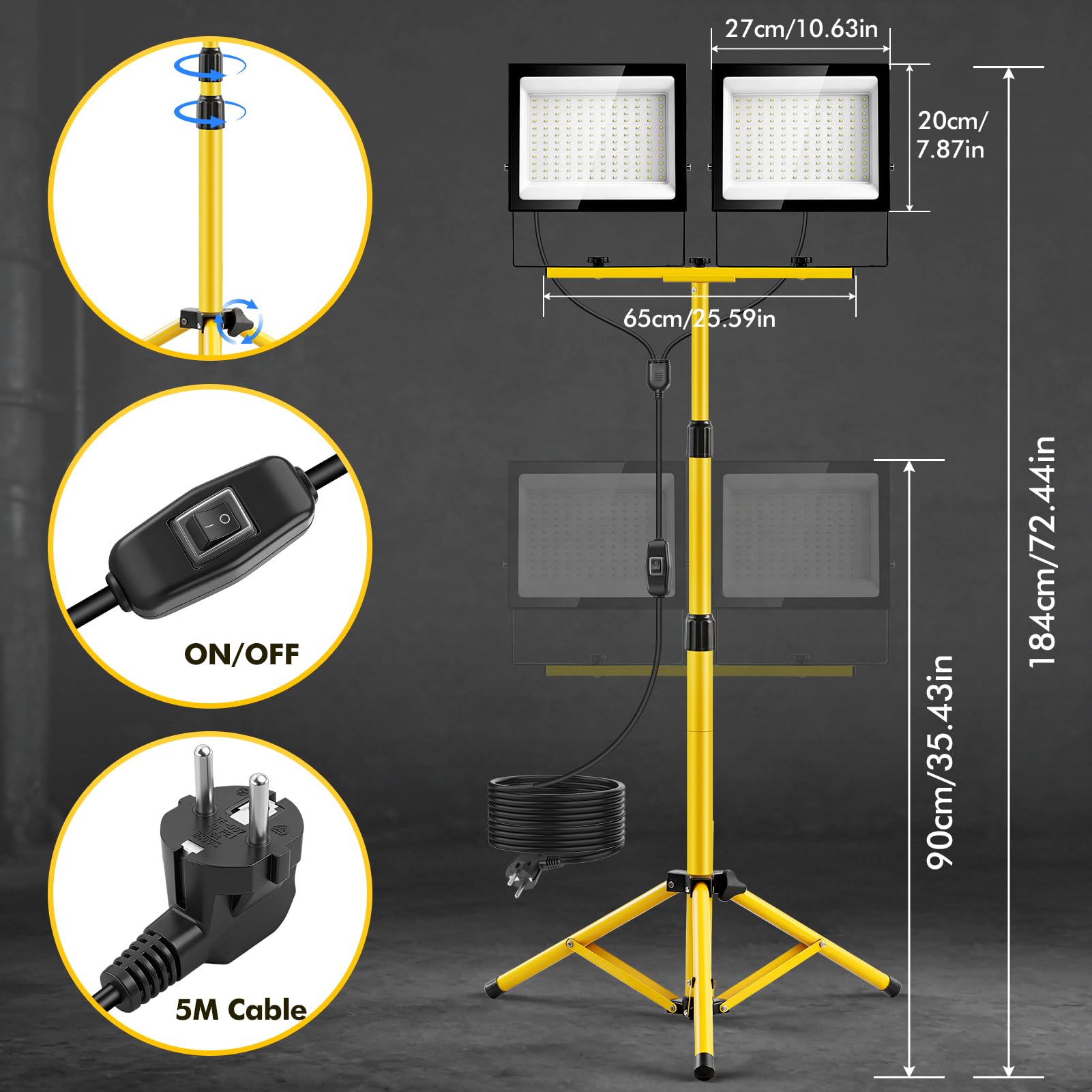 papasbox 300W LED Baustrahler mit Stativ Fernbedienung Schalter und Stecker | Baustellenlampe 6500K Kaltweiß Baustellenstrahler IP66 Wasserdicht Baulampe Dimmbar für Werkstatt Baustelle