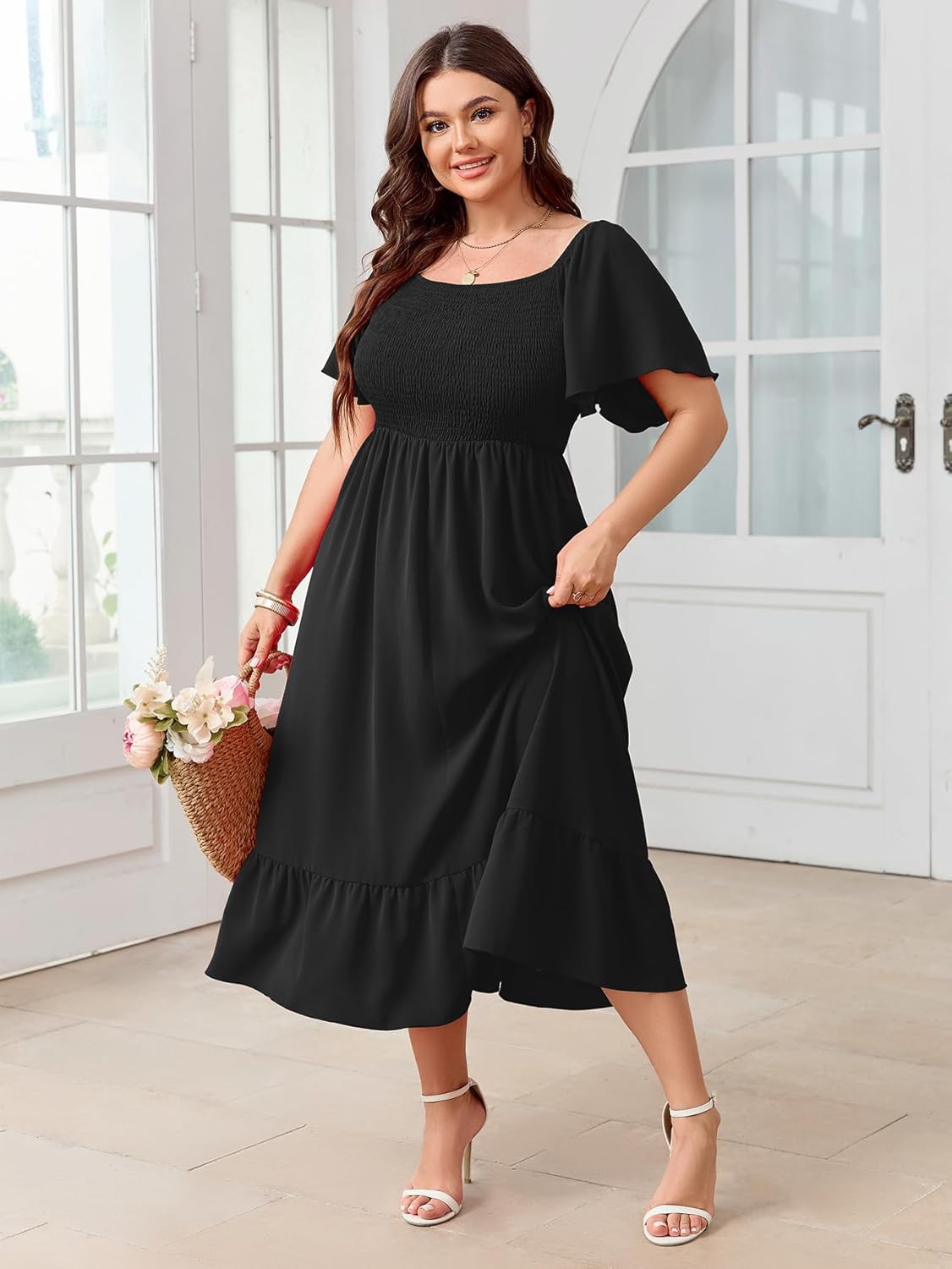 SCOMCHIC Women's Plus Size Summer Dress Casual Short Sleeve Scoop Neck Maxi Dress Smocked Ruffle Boho Flowy Long Dresses - Image 7