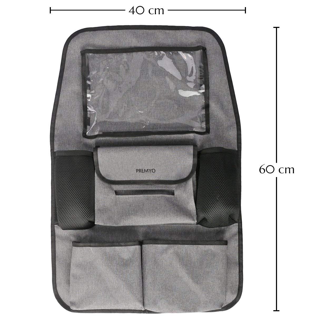 PREMYO Organizador para Coche Protector de Asiento Trasero Respaldo Protección Patadas con Bolsillo para Tablet Soporte Bebidas Impermeable Robusto