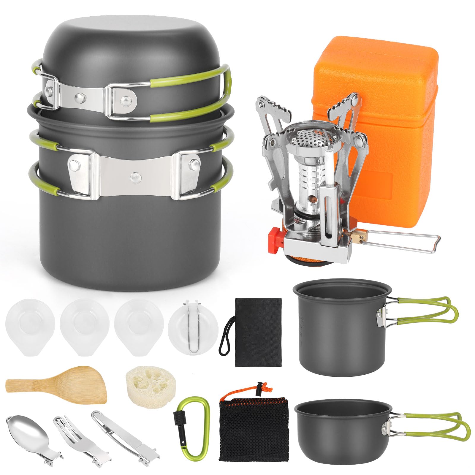 Dreamhigh® Leggero Set Pentole Campeggio, Set da 14 Pezzi Pentole Campeggio, Kit Campeggio Multiuso Con Fornello Pieghevole, Fornelletto Da Campeggio per Picnic All'aperto ed Escursioni