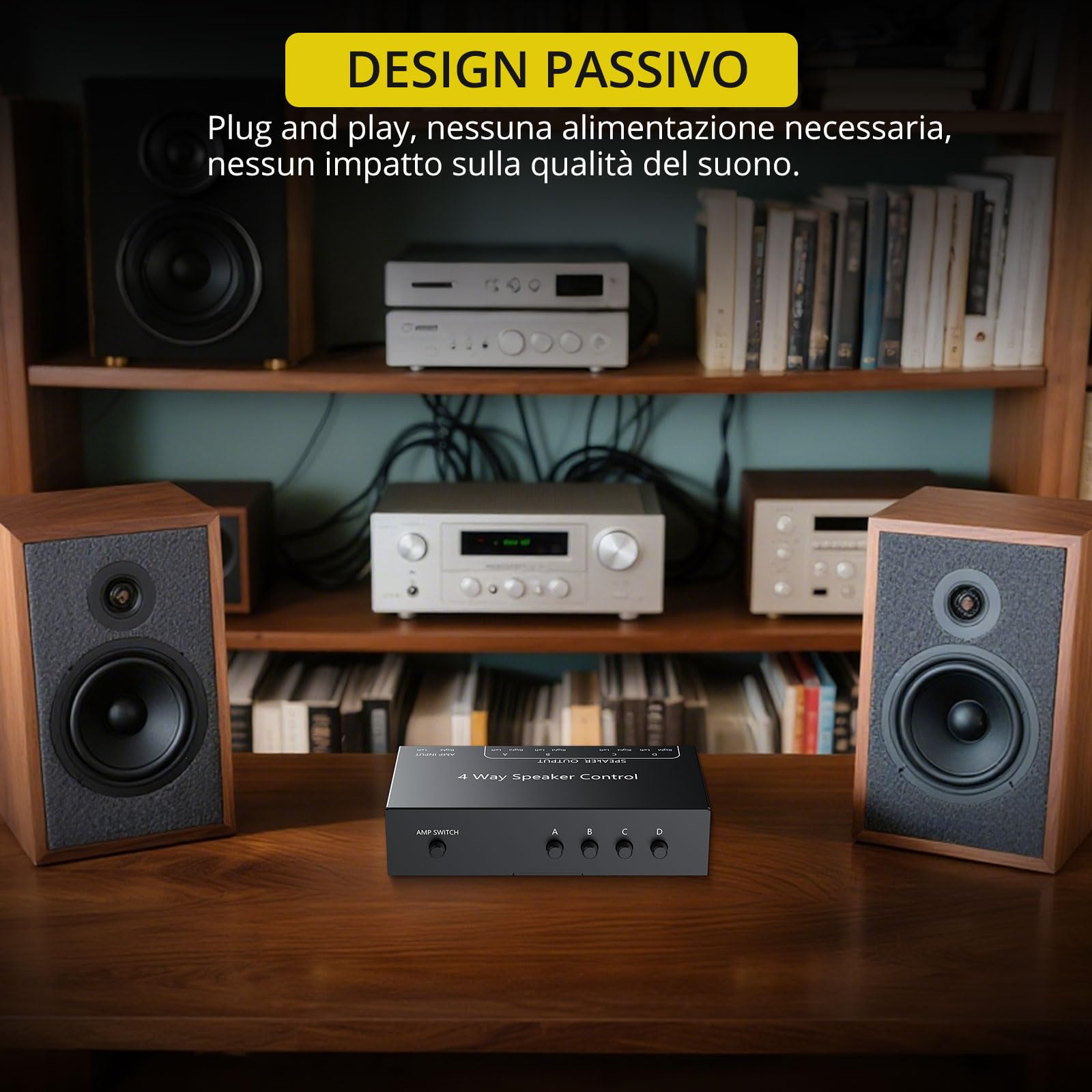 PROZOR Commutatore Altoparlanti 4 Zone Switch Passivo 1 Ingresso 4 Uscite 150W/Canale Selettore Passivo Altoparlanti 4 Zone Controllo Indipendente Zone A/B/C/D con Interruttore Master