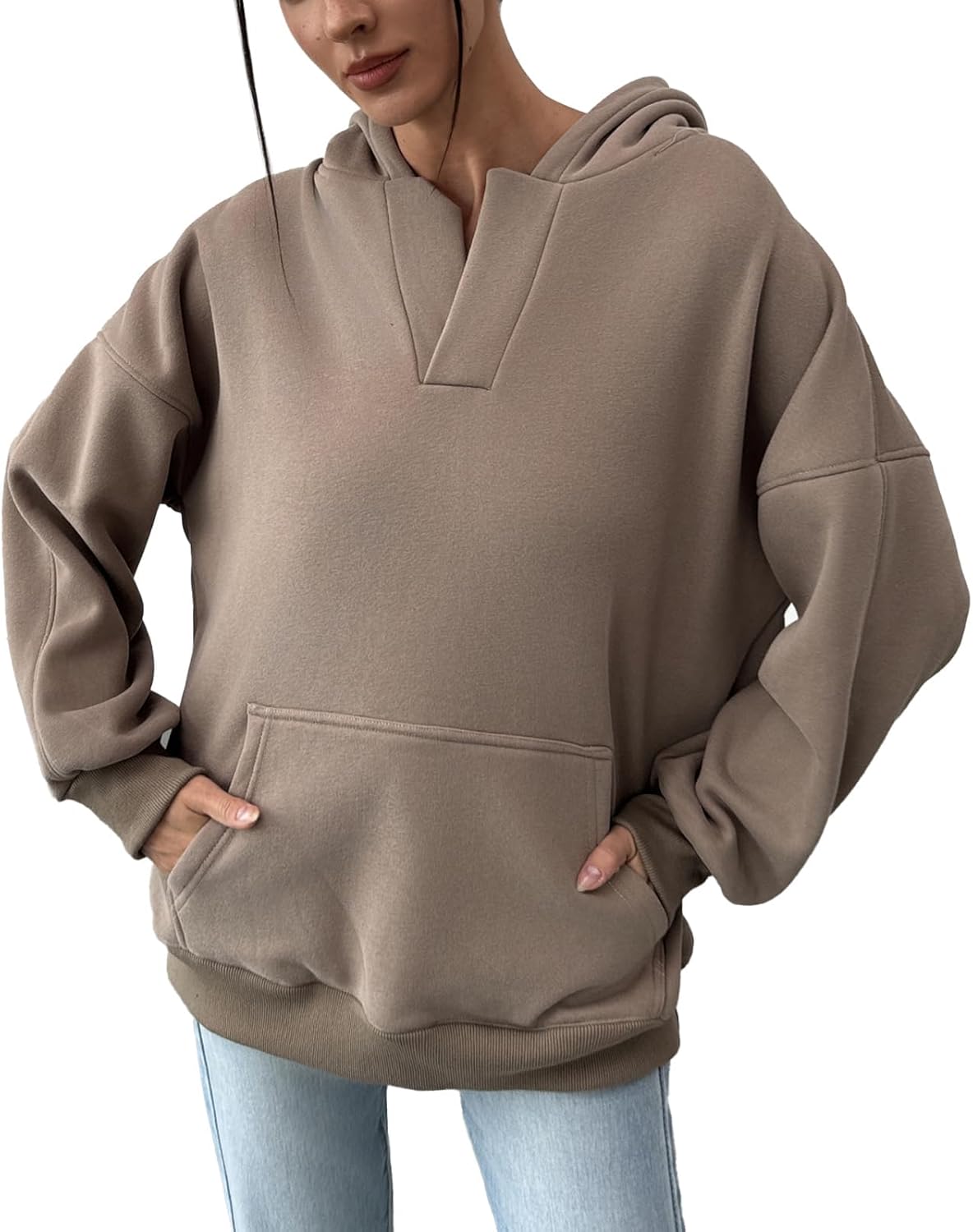 PAODIKUAI Women's Oversized Hoodies V Neck Pullover Fleece Sweatshirt Long Sleeve with Pocket Casual Winter Fall Outfits - Image 3