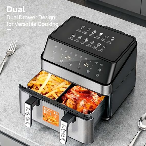 Air Fryer, 9L Dual Basket with DualZone Technology, Independent Nonstick Drawers, Sync & Match Cooking, 10 One-Touch Presets, Digital Touchscreen for Family Meals