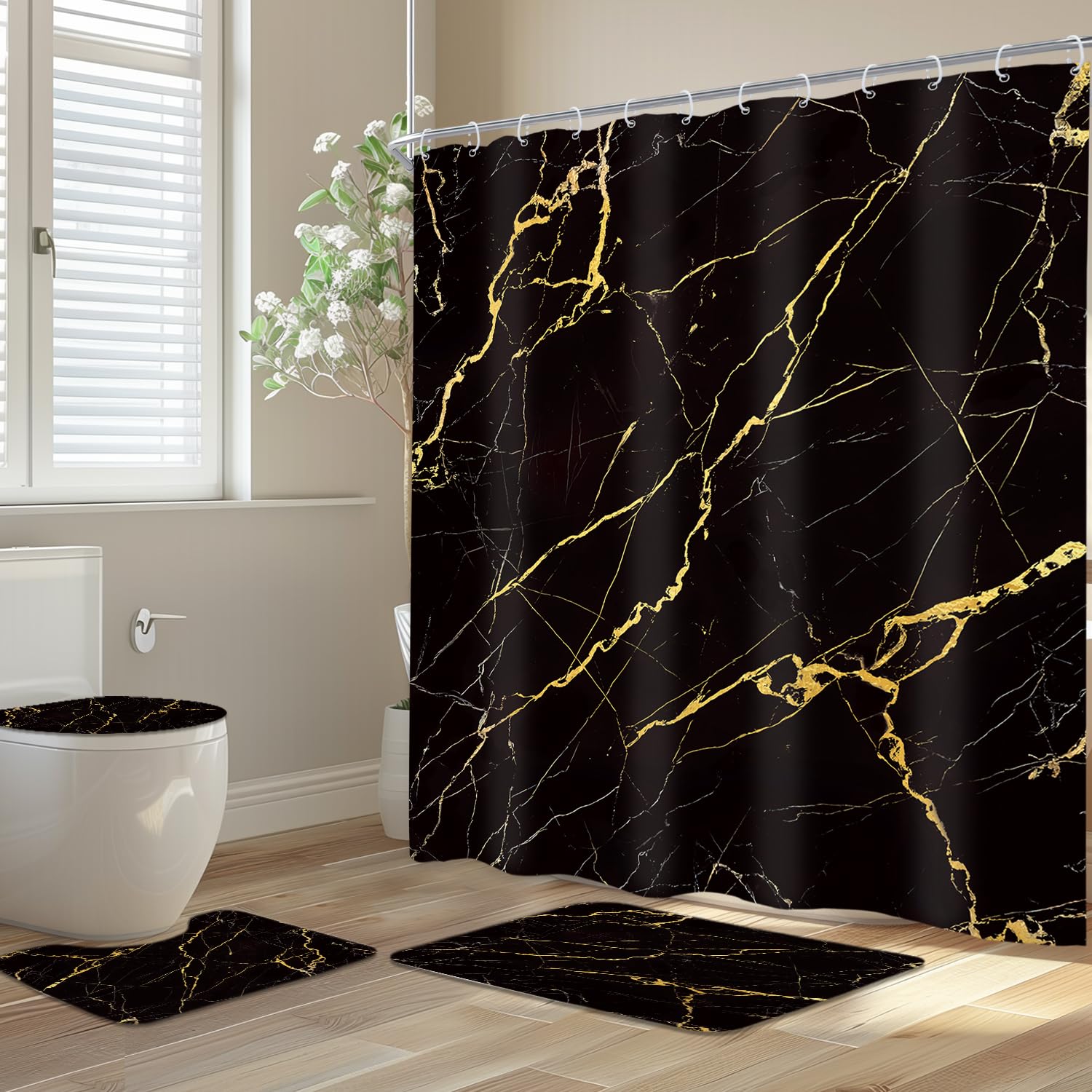 Newsely 4Pcs Black and Gold Marble Shower Curtain Set with Non-Slip Rugs, Toilet Lid Cover and Bath Mat, Abstract Crack Line Shower Curtain with 12 Hooks, Aesthetic Bath Curtain for Bathroom Decor