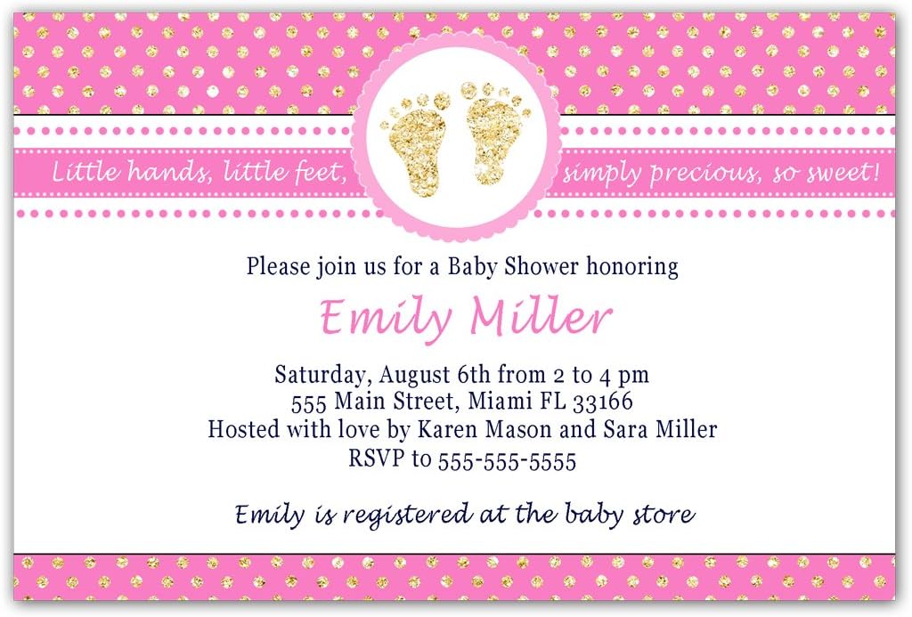 30 Invitations Girl Baby Shower Pink Gold Footprints Personalized Photo Paper