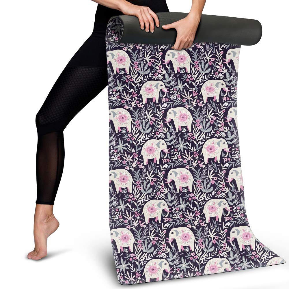 POLERO Tapis de yoga écologique, non toxique, absorbant la transpiration, tapis de fitness, portable, léger, antidérapant, Femme, Éléphant floral.