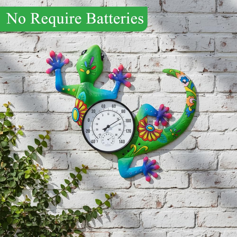 Outdoor Thermometer No Need Battery, Metal Outdoor Wall Thermometer Hygrometer Waterproof, Large Decorative Indoor Outdoor Thermometer for Patio, Room, Garden, Home(Dark Green Gecko)