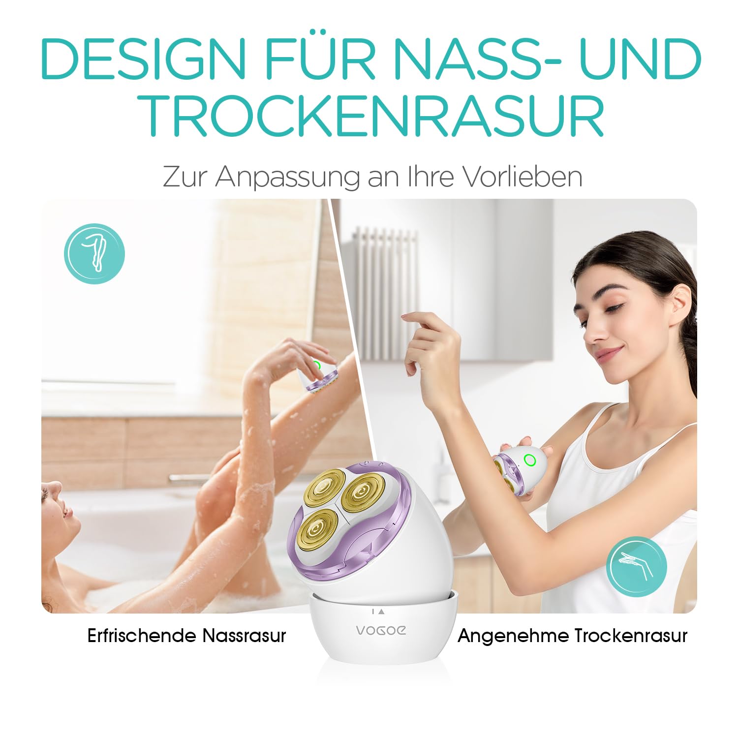 VOGOE Damenrasierer Elektrisch Nass & Trockenrasur Kabellos Wasserdicht Lila ES300