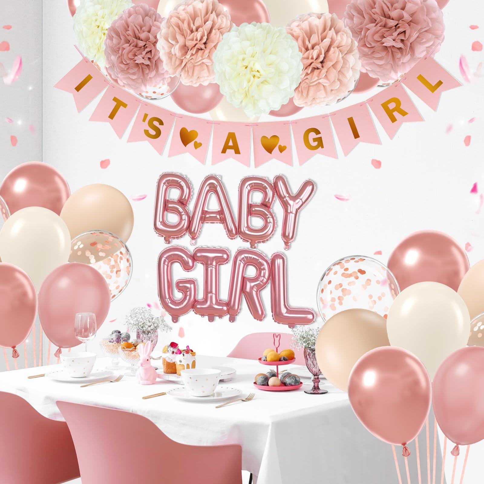 Pink Baby Shower Decorations with Ivory White Paper Pom Poms Rose Gold Dusty Pink Balloons Banner for Gender Reveal Birthday Party Baby Shower Decorations
