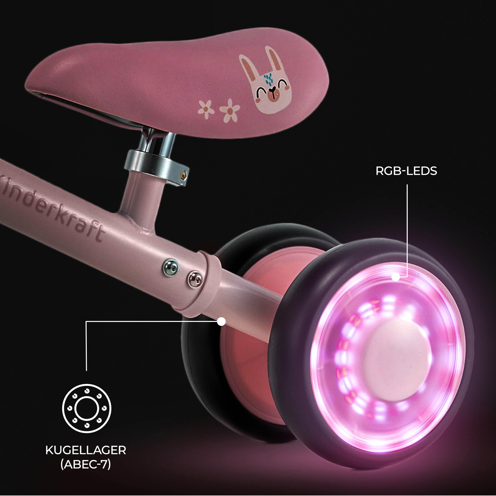 Kinderkraft Cutie Flash Laufrad, Lernlaufrad, Kinderlaufrad, Lauflernrad ohne Pedale, Räder mit LED-Lichtern, Modernes Design, Sichere Konstruktion, für Kinder ab 1 Jahr, Rosa