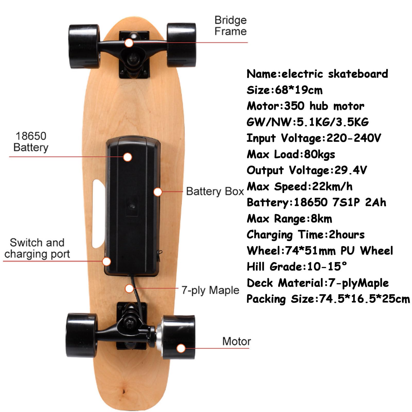 Planche à roulettes électrique Longboard avec une vitesse maximale de 22 km/h, moteurs de 350 W, pour adultes et débutants, charge maximale de 150 kg, avec une autonomie de 13 km pour les trajets