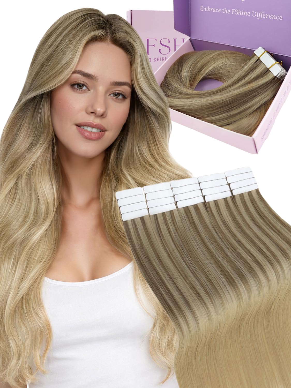 Fshine Extensiones Adhesivas Pelo Natural 20 Pulgadas 50g Cabello Humano Marrón Claro Balayage Rubio Y Marrón Claro Cinta 20Pcs Liso Color 6 60 6 — view 13
