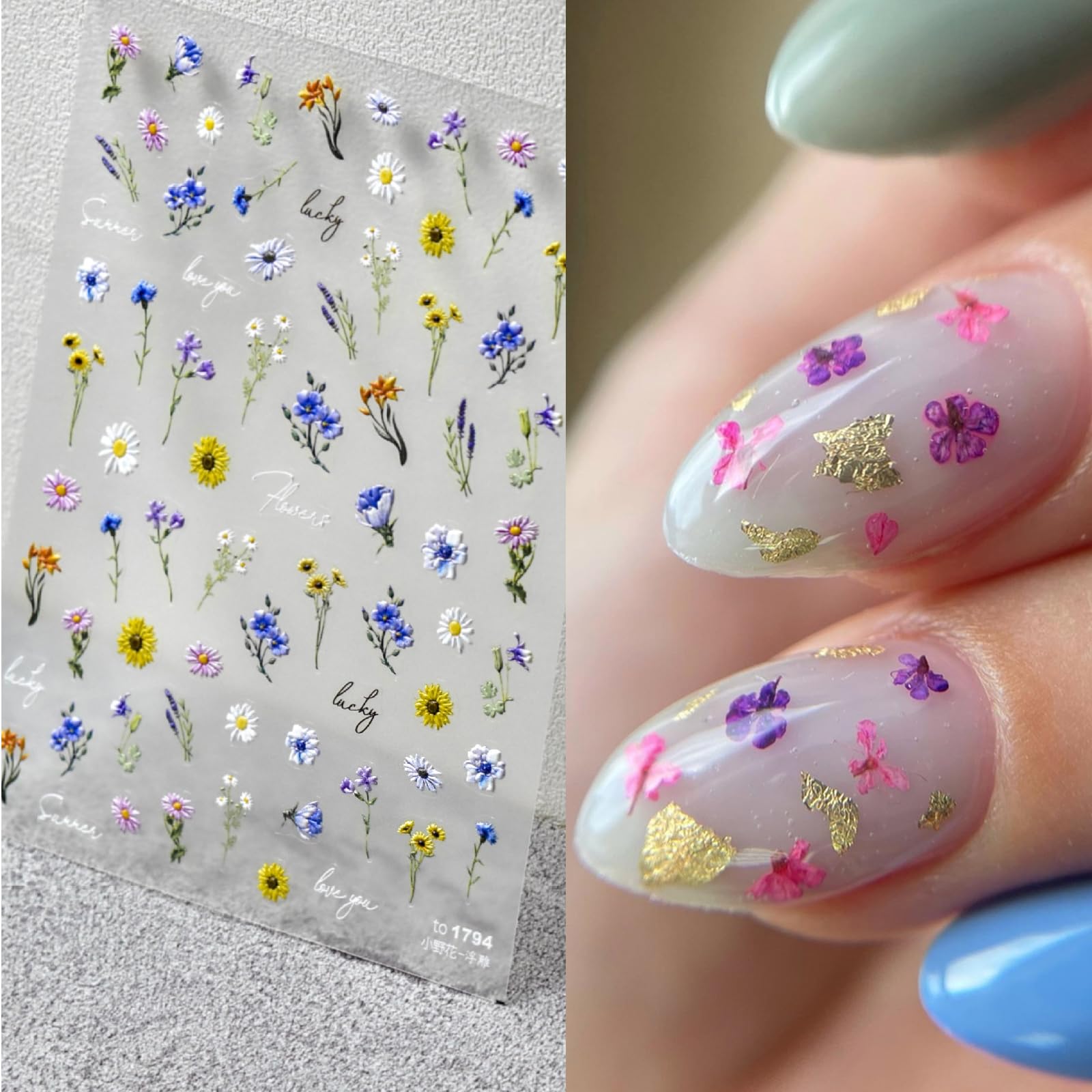 4 Hojas de Pegatinas artísticas para uñas de Flores, Pegatinas Autoadhesivas para uñas Florales, Pegatinas para uñas con Flores de Primavera, Decoraciones artísticas para uñas