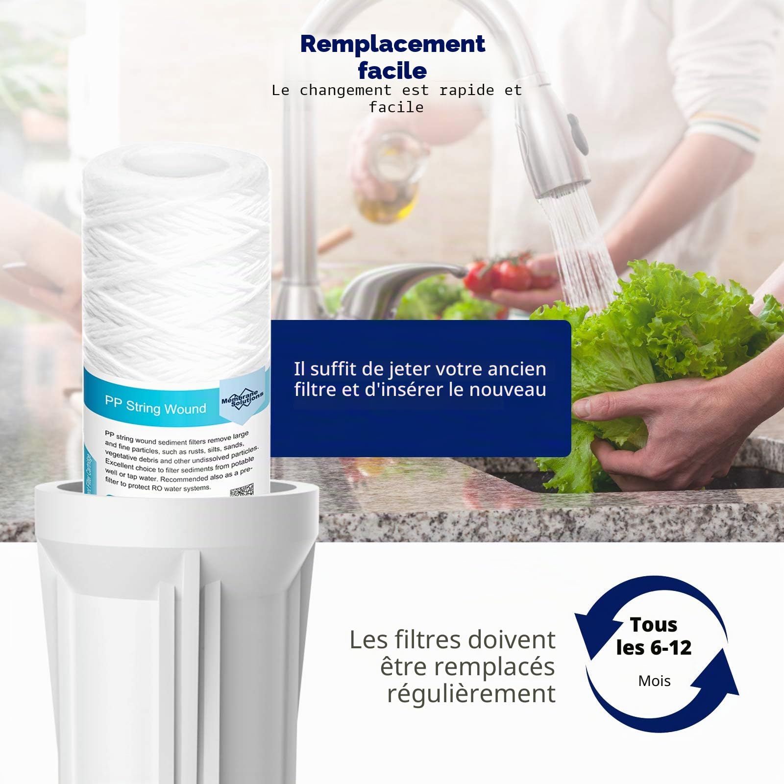 Membrane Solutions Cartouche de filtre à eau pour sédiments enroulés de 20 micron[6 Pack],pour l'osmose inverse, filtration de sédiments dans toute la maison, Taille standard 10 pouces, Lot de 6