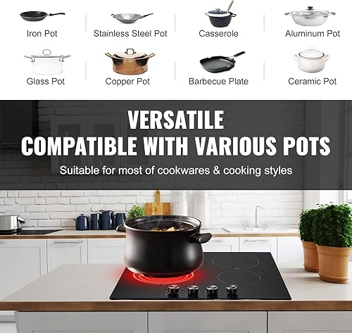 Miniatura 5 de VEVOR Placa de cocina eléctrica de cerámica, estufa eléctrica integrada, con panel de vidrio, control de perilla, 11 niveles de calor, para diversos