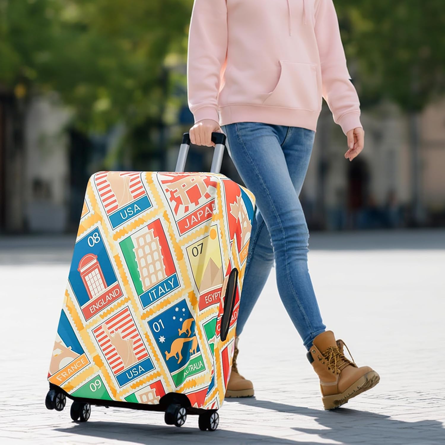 3 Pieces Luggage Covers For Suitcase Tsa Approved, 20" 24" 28" Elastic Suitcase Cover Protector, Anti-Scratch Travel Suitcase Cover Fits 19-28 Inch Luggage (Retro Stamps, S/M/L)